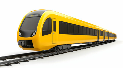 Yellow train or metro locomotive on rails, representing modern city transport in a 3D cartoon render, isolated on white background  