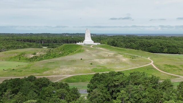 Aerial footage of Wright Brothers National Memorial in Kill Devil Hills, North Carolina, USA