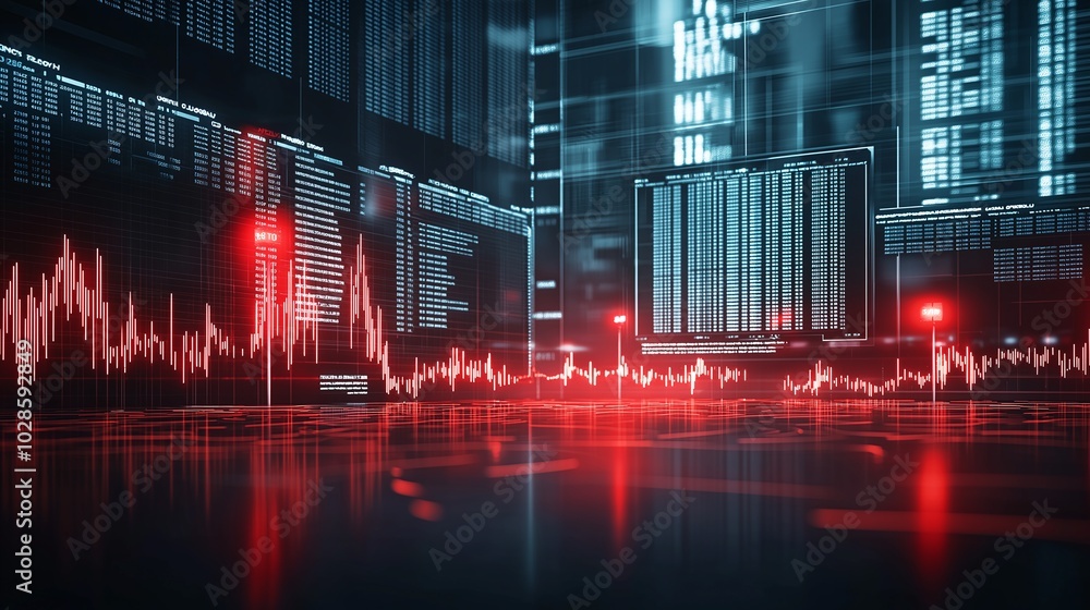 Aufkleber futuristic digital data visualization with red waveforms and glowing screens, perfect for technology