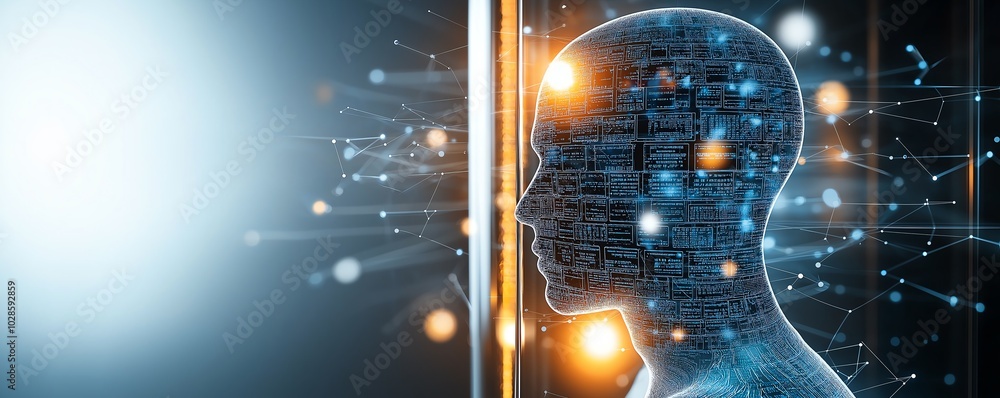 Poster futuristic digital head silhouette representing artificial intelligence and technology integration w