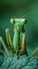 Close-up of praying mantis on green leaf