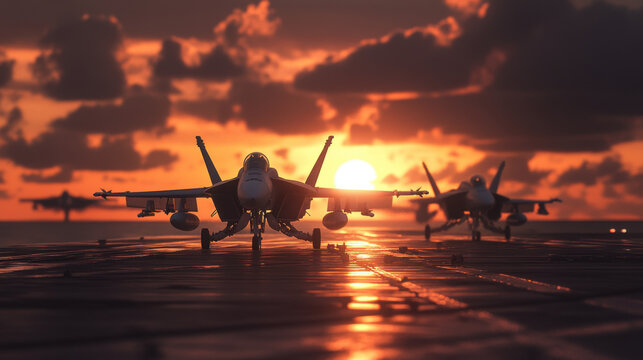 Sunset over aircraft carrier with F 18 jets preparing for launch, showcasing dramatic sky and reflective surfaces. scene captures intensity and beauty of military aviation