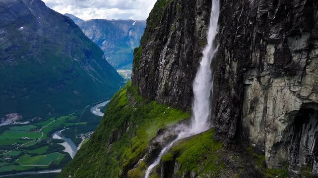 the Seven Sisters Waterfall flowing on mountain along the Geirangerfjorden in Stranda, Norway