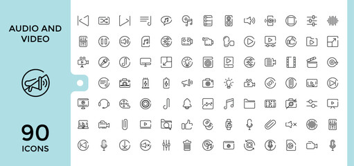 Audio and Video Icons set. Flat icon collection. Thin line icons pack. Simple outline icons. Editable and pixel perfect.