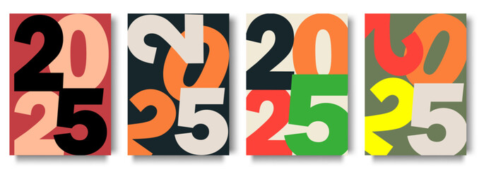 Minimalistic trendy concept of 2025 Happy New Year posters set. Design templates with typography logo 2025 for celebration and season decoration backgrounds for branding, banner, cover, card