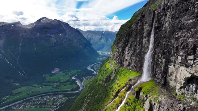 the Seven Sisters Waterfall flowing on mountain along the Geirangerfjorden in Stranda, Norway