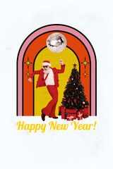 Vertical photo collage of happy old man dance christmas party new year tree decor present club disco ball isolated on painted background