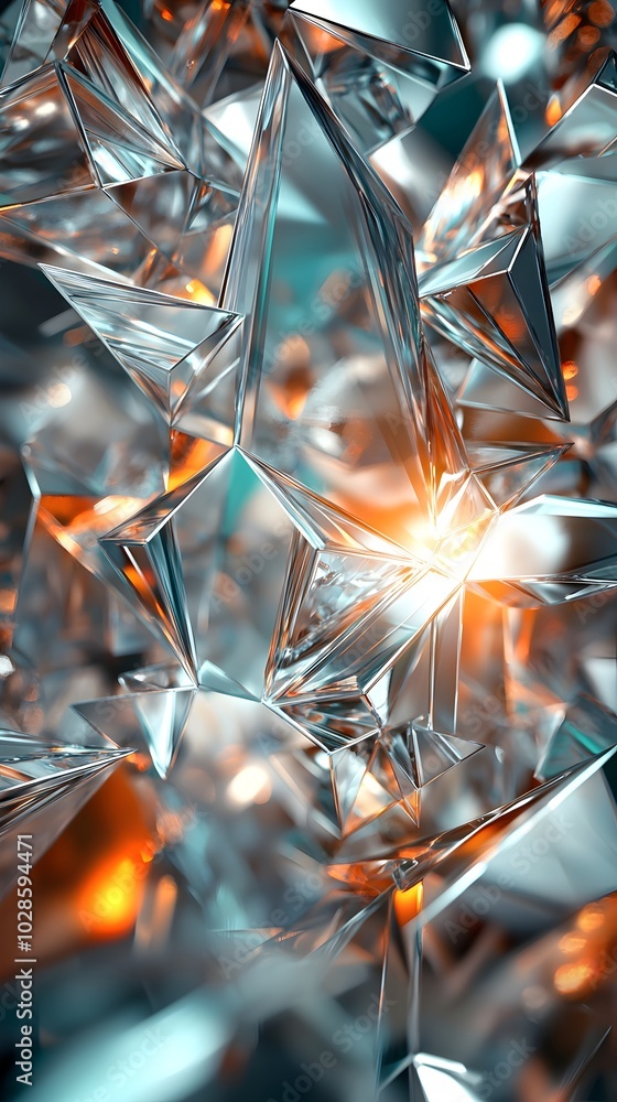 Poster a mesmerizing abstract close-up of glass shards reflecting light, creating a dazzling display of col