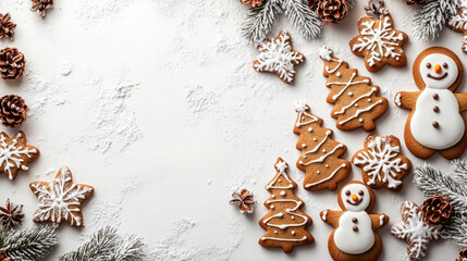 Fototapeta premium frame of Christmas gingerbread cookies in the form of trees and snowmen lie on a white background, empty white space in the middle of the image