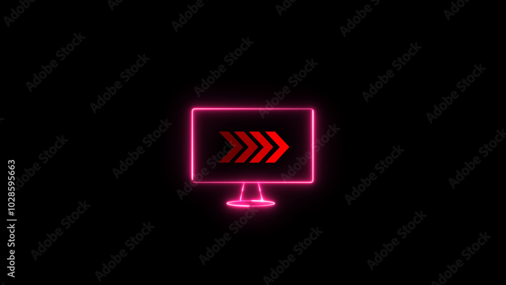 Poster glowing monitor with arrow points to the right. flashing neon icon to the right arrow. right neon ar