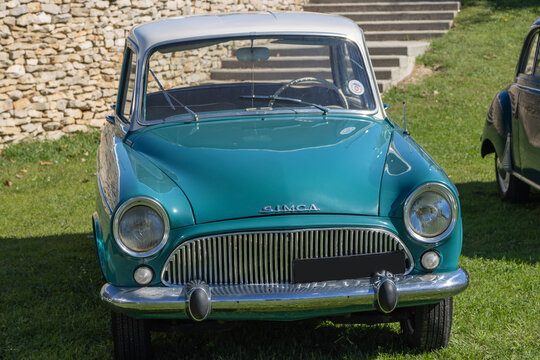 Vintage french simca aronde car parked on grass