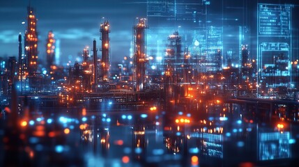 Futuristic Concept of oil and gas industry. background with hologram of factory