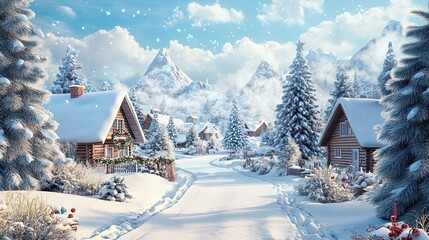 Naklejka premium Snowy Mountain Village with Log Cabins and a Winding Path