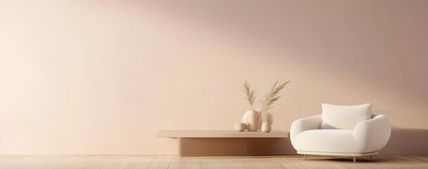 Elegant minimalist space with beige tones, featuring modern chair, simple vases, and pampas grass.
