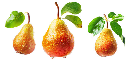 Fresh juicy pear with water droplets and leaf isolated on a white background, highlighting its natural beauty and freshness