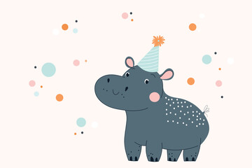  A playful hippo wearing a party hat with confetti all around, ideal for kids' birthday party themes.