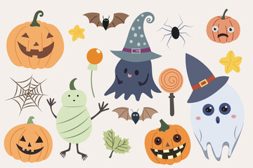 A whimsical Halloween illustration featuring cute pumpkins, ghosts, bats, and candy. The design includes light-hearted characters perfect for festive decorations.