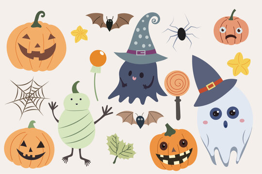 A whimsical Halloween illustration featuring cute pumpkins, ghosts, bats, and candy. The design includes light-hearted characters perfect for festive decorations.