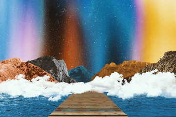 Beautiful surreal matte painting landscape with mountains in nordic mood. Northern polar lights night. Wooden pier in front of coastline.