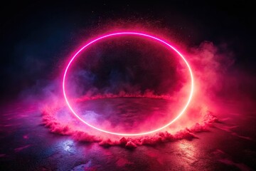 Obraz premium Neon pink glowing circle on ground with mist and red particles floating around