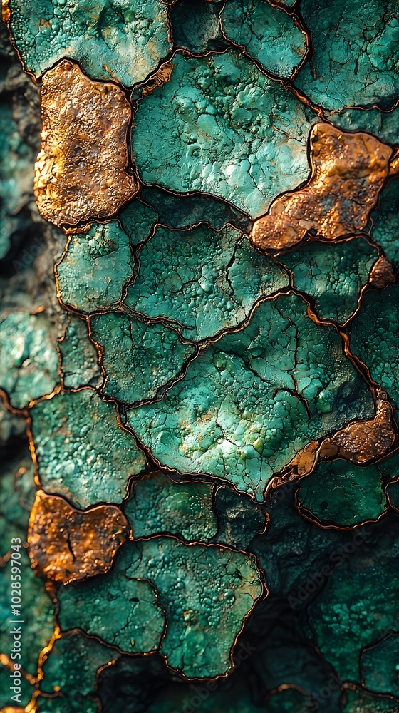 Aufkleber abstract close-up of a textured surface with a deep green and copper color palette.