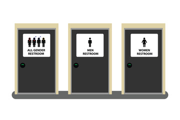 Three types of restrooms on white background: men, women and all gender restroom