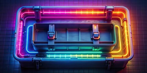 Obraz premium Neon toolbox filled with shining tools of the trade from above