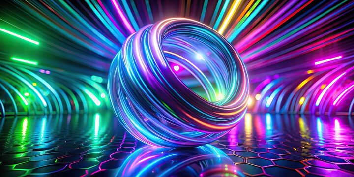 Neon toroid with purple, green, and blue lights on abstract background