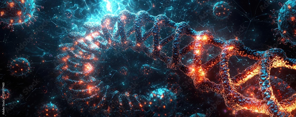 Poster abstract representation of dna structure with glowing particles and vibrant colors.