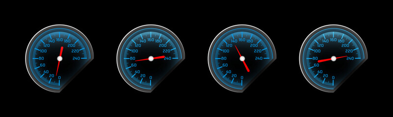 Speedometer vector set. Speedometers with needles at various speeds