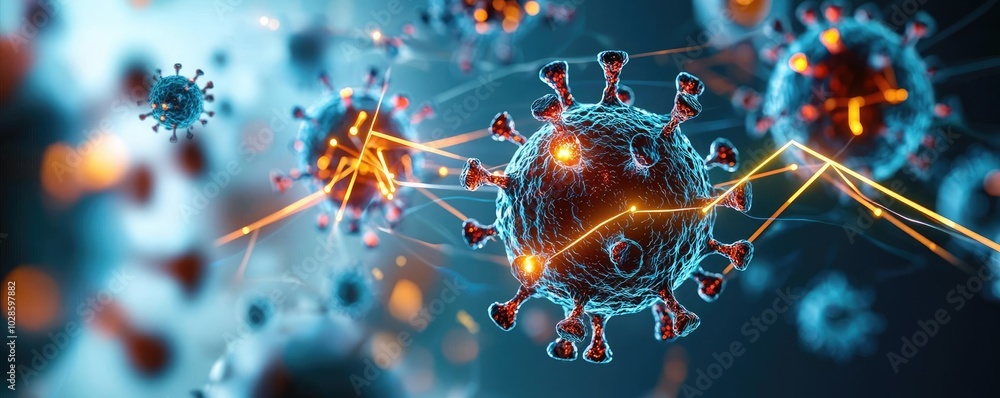 Poster microscopic view of viruses with intricate details and glowing elements.