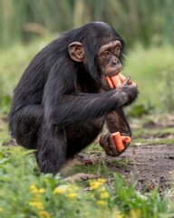 Young chimpanzee eating carrots in a natural habitat