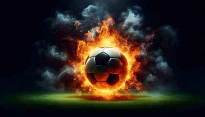 digital painting of a soccer ball emitting fire, burning, on a black background