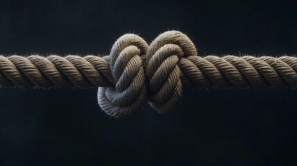 A close-up of a knotted rope against a dark background, showcasing the intricate details of the fibers and the strength of the knot.
