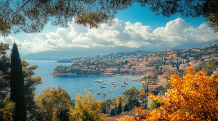 Coastal Cityscape with Autumn Foliage and Boats
