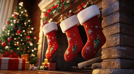 Red Christmas Stockings Filled with Presents Hanging on a Fireplace Mantel