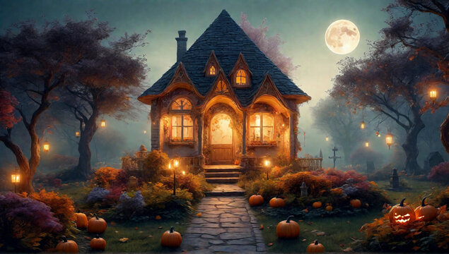 Beautiful house with garden on the eve of Halloween