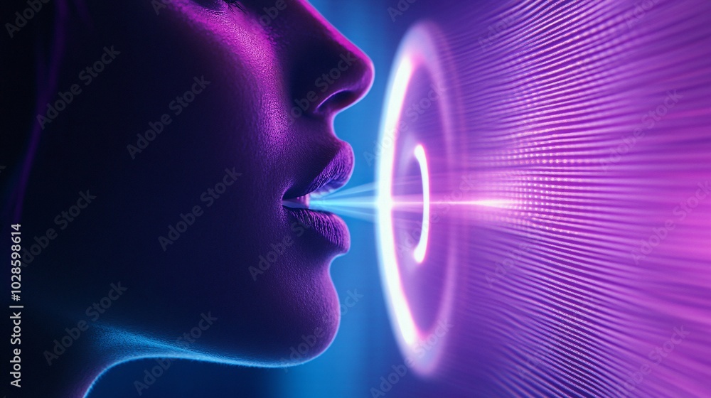 Poster woman's profile with vibrant neon light creating visual effects, showcasing the intersection of tech