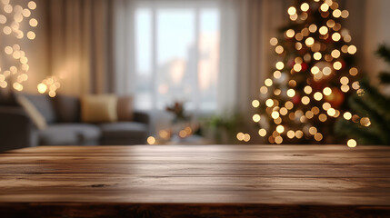 Empty woooden table- living room -decor with christmas tree and blur background 