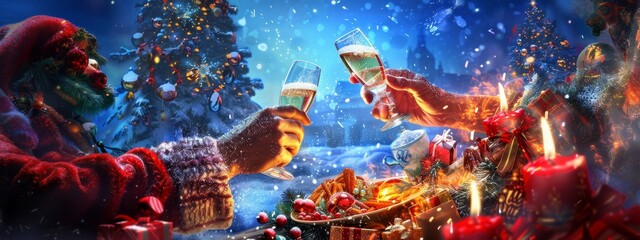 Friends raise champagne glasses in a vibrant winter holiday scene, surrounded by festive decorations, flickering candles, and christmas trees. a cozy feast is set amidst snowflakes and twinkling light