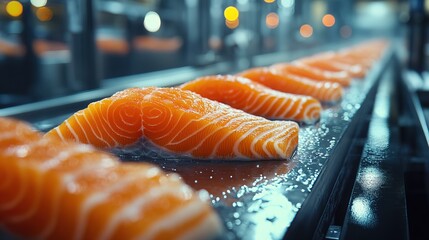The detail of a fish salmon factory, processing line. Fish and food 
