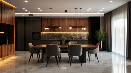 Fototapeta premium Modern Kitchen Dining Area with Wooden Cabinets, Marble Backsplash, and Black Chairs