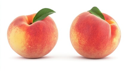 Two ripe peaches with green leaves, showcasing their vibrant colors and natural beauty.