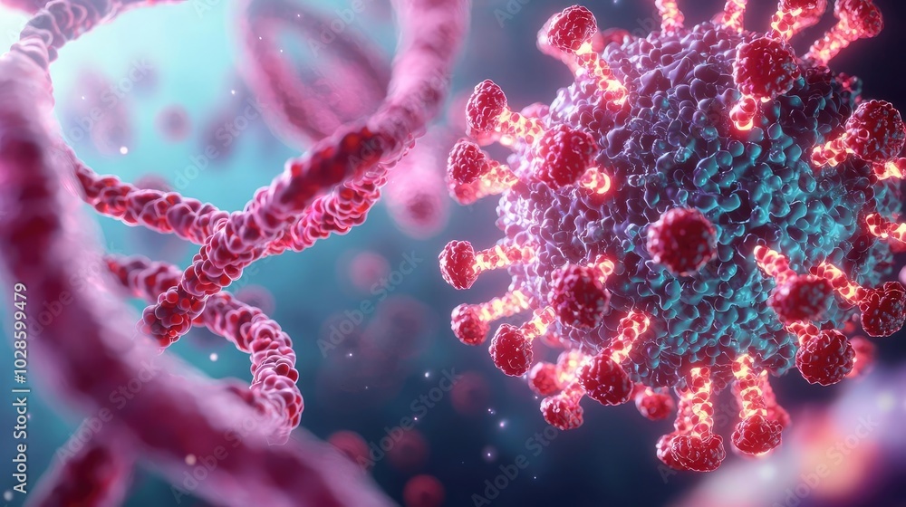 Aufkleber close-up view of virus structure with colorful molecules against a blurred background.