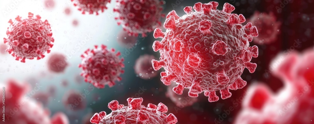 Poster microscopic view of a virus with red structures on a blurred background.