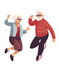 Two cheerful elderly people, a man and a woman, joyfully dancing or jumping on a white background, symbolizing vitality, energy and a positive outlook on aging