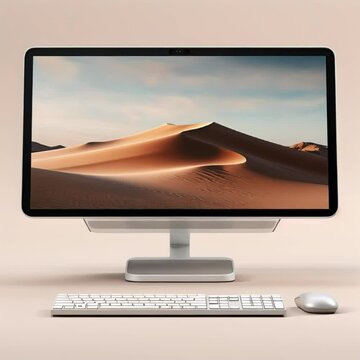 white computer keyboard with white screen and mouse in front of the computer monitor on a background of desert.
