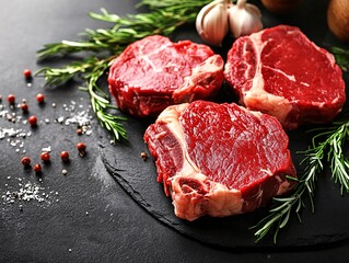Fresh, raw beef steaks garnished with herbs and spices on a dark surface, showcasing rich red meat and an appetizing presentation.