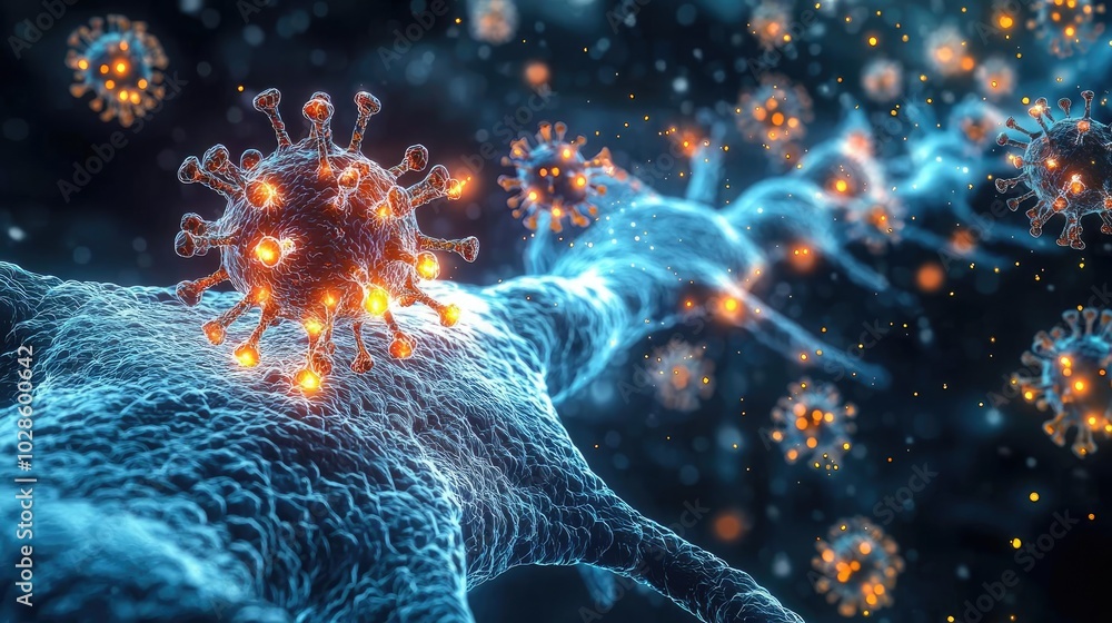 Poster microscopic view of virus particles interacting with a nerve cell.