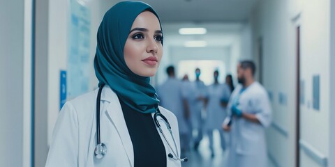A confident female doctor in a hijab stands in a hospital corridor, representing diversity in healthcare professionalism.